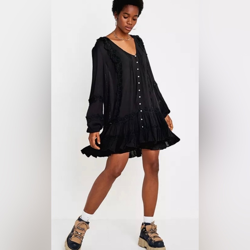 Free People Snow Angel Black Button-Front Bohemian Ruffled Mini Dress Boho Open
